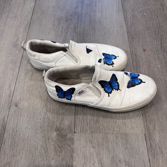 Blue Butterfly White Slip On Vans - Custom Painted Vans Shoes Youth Size 5 - Picture 4 of 9